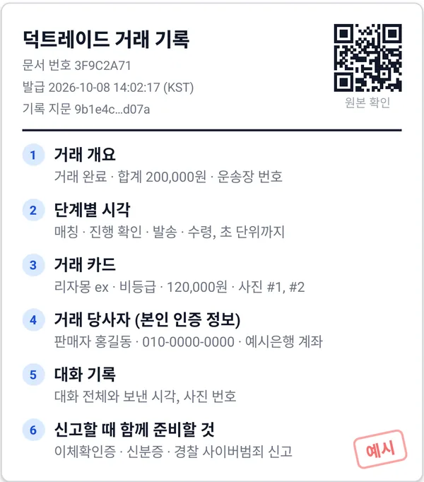 거래 기록 예시: 거래 개요, 단계별 시각, 거래 카드, 거래 당사자, 대화 기록